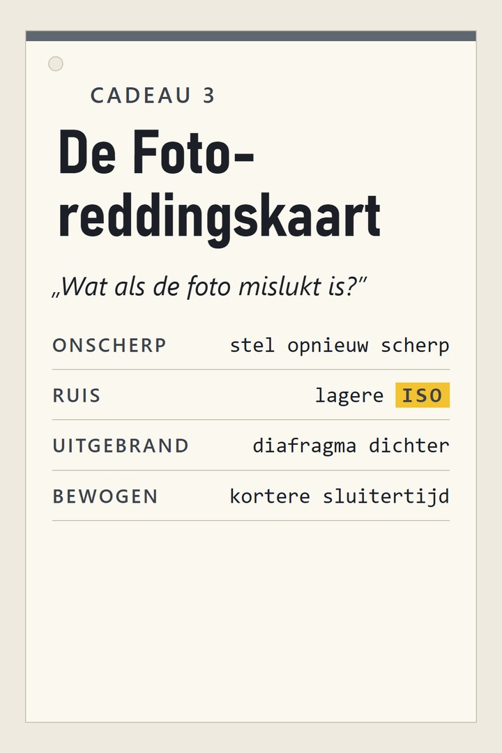 Cadeau 3: De Fotoreddingskaart – een blad voor de cameratas: onscherp, ruis, uitgebrand, de camera bewoog, en wat je aanpast