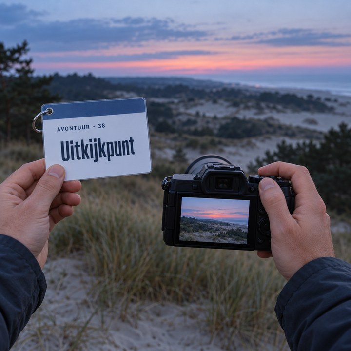 Handen met een camera in de duinen bij Schoorl na zonsondergang; in de andere hand de Uitkijkpunt-kaart