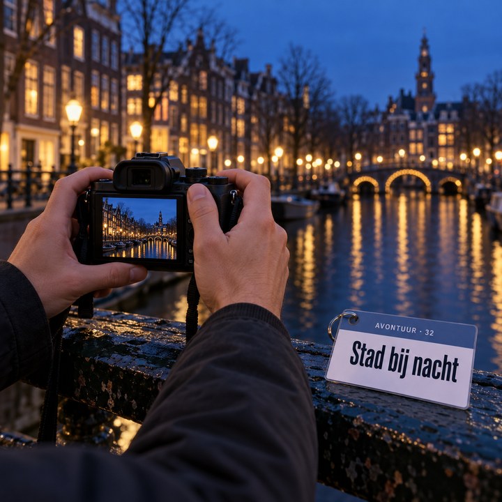 Handen die een camera stilhouden op een brugleuning in Amsterdam, met de verlichte grachtenpanden op de achtergrond, naast de kaart Stad bij nacht