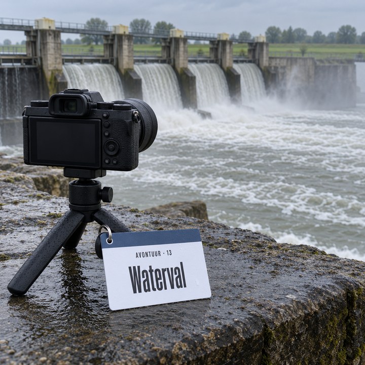 Een camera op een mini-statief naast de stuw bij Hagestein, met de Waterval-kaart tegen de statiefpoot