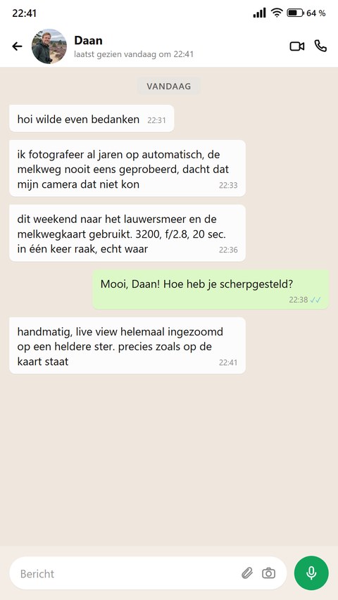 Een hobbyfotograaf schrijft dat de Melkweg in één keer lukte met de getallen van de kaart