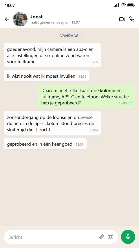 Een bezitter van een APS-C-camera schrijft dat de drie kolommen vertelden wat hij moest instellen