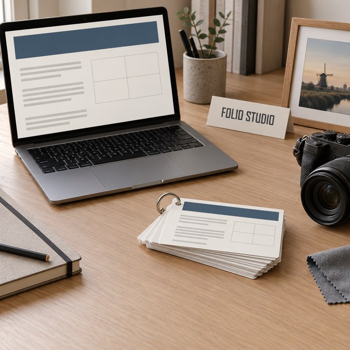 Bureau van Folio Studio: laptop, kaarten aan een sleutelring, camera en notitieboek