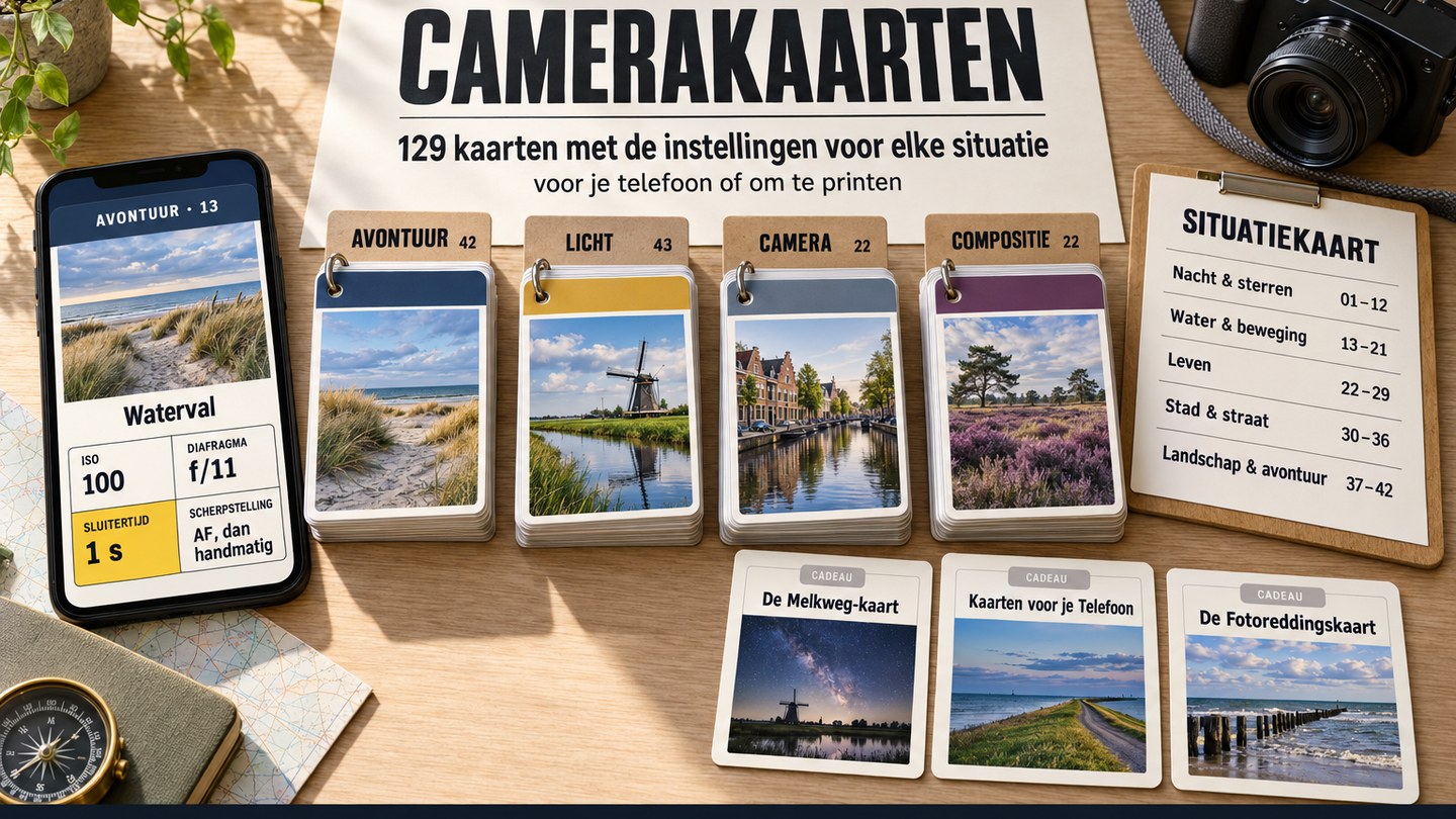 De hele set op een tafel: een telefoon met een kaart erop, 129 situatiekaarten, de Situatiekaart en 3 cadeaus naast een camera
