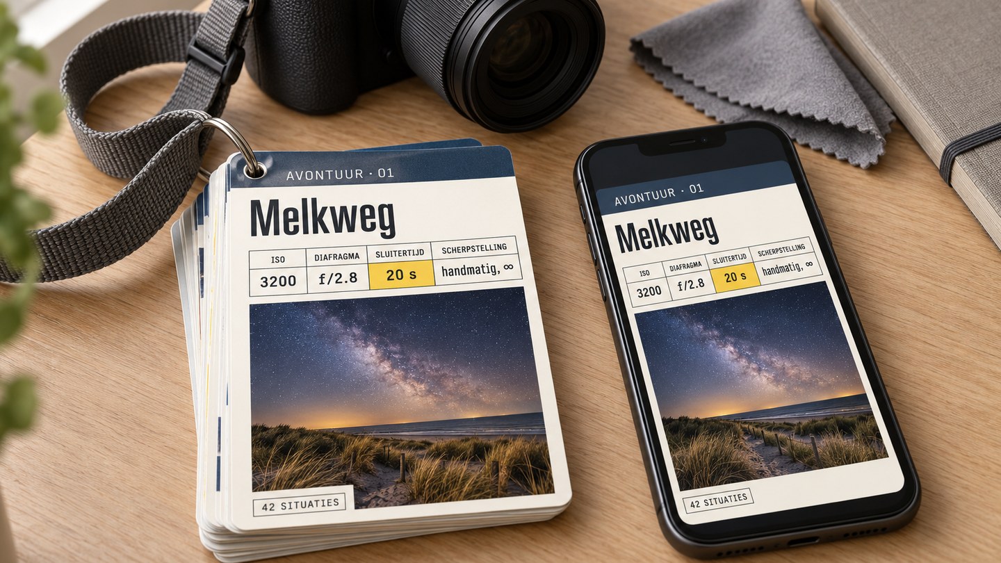 42 Avontuurkaarten: gelamineerde kaartjes aan een sleutelring naast een camera en een telefoon met een kaart erop