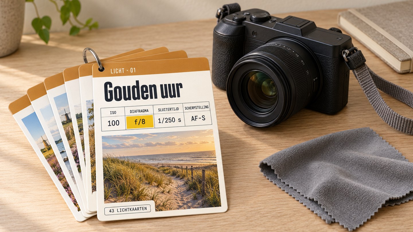 43 Lichtkaarten: een waaier van kaarten over licht op de tafel naast een camera