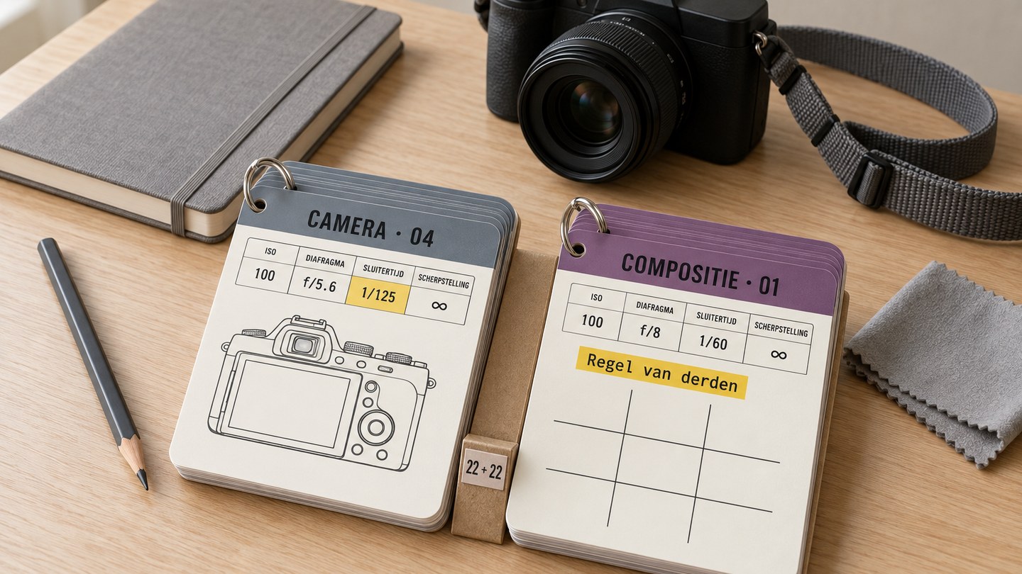 44 Camera- en Compositiekaarten: twee stapels kaarten over camera en compositie op de tafel